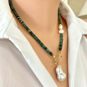 Emerald & Freshwater Baroque Pearls Toggle Necklace, Gold Vermeil, May Birthstone,19"in