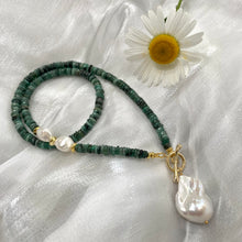 Load image into Gallery viewer, Emerald &amp; Freshwater Baroque Pearls Toggle Necklace, Gold Vermeil, May Birthstone,19&quot;in
