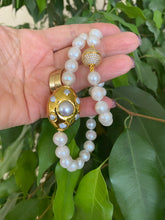 Load image into Gallery viewer, White Potato Pearl Necklace, 9–11mm, Gold Plated Focal Accent, CZ Pavé Magnetic Clasp, 16.5"–18.5"
