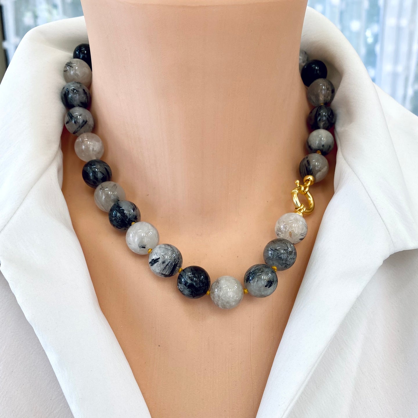 Chunky Black Tourmaline Rutilated Quartz Candy Necklace, Gold Vermeil Marine Clasp, 18.5