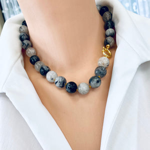 Chunky Black Tourmaline Rutilated Quartz Candy Necklace, Gold Vermeil Marine Clasp, 18.5"inches
