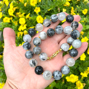 Chunky Black Tourmaline Rutilated Quartz Candy Necklace, Gold Vermeil Marine Clasp, 18.5"inches