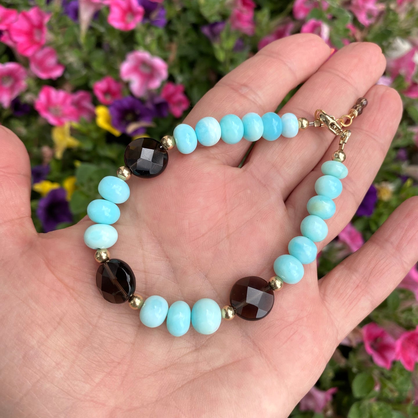 Sky Blue Opal and Smoky Quartz Beaded Bracelet, Gold Filled Details, 7.5