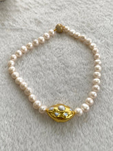 Load image into Gallery viewer, White Potato Pearl Necklace, 9–11mm, Gold Plated Focal Accent, CZ Pavé Magnetic Clasp, 16.5"–18.5"
