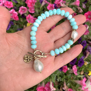 Sky Blue Opal Toggle Bracelet, Fresh Water Baroque Pearls & Cross Charm, Gold Bronze Artisan Details, 8"