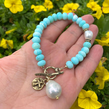 Load image into Gallery viewer, Sky Blue Opal Toggle Bracelet, Fresh Water Baroque Pearls &amp; Cross Charm, Gold Bronze Artisan Details, 8&quot;
