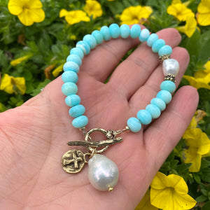 Sky Blue Opal Bracelet, Baroque Pearls & Cross Charm