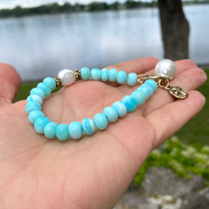 Sky Blue Opal Toggle Bracelet, Fresh Water Baroque Pearls & Cross Charm, Gold Bronze Artisan Details, 8"