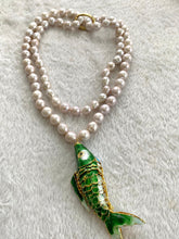 Lade das Bild in den Galerie-Viewer, Green Cloisonné Fish Pendant Necklace, 33", Hand Knotted White Baroque Pearls, 9–11mm
