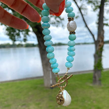 Lade das Bild in den Galerie-Viewer, Sky Blue Opal Toggle Bracelet, Fresh Water Baroque Pearls &amp; Cross Charm, Gold Bronze Artisan Details, 8&quot;
