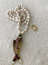 Load image into Gallery viewer, Burgundy Koi Fish Pendant Necklace, 35", Hand Knotted White Baroque Pearls, 9–11mm
