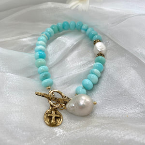 Sky Blue Opal Toggle Bracelet, Fresh Water Baroque Pearls & Cross Charm, Gold Bronze Artisan Details, 8"
