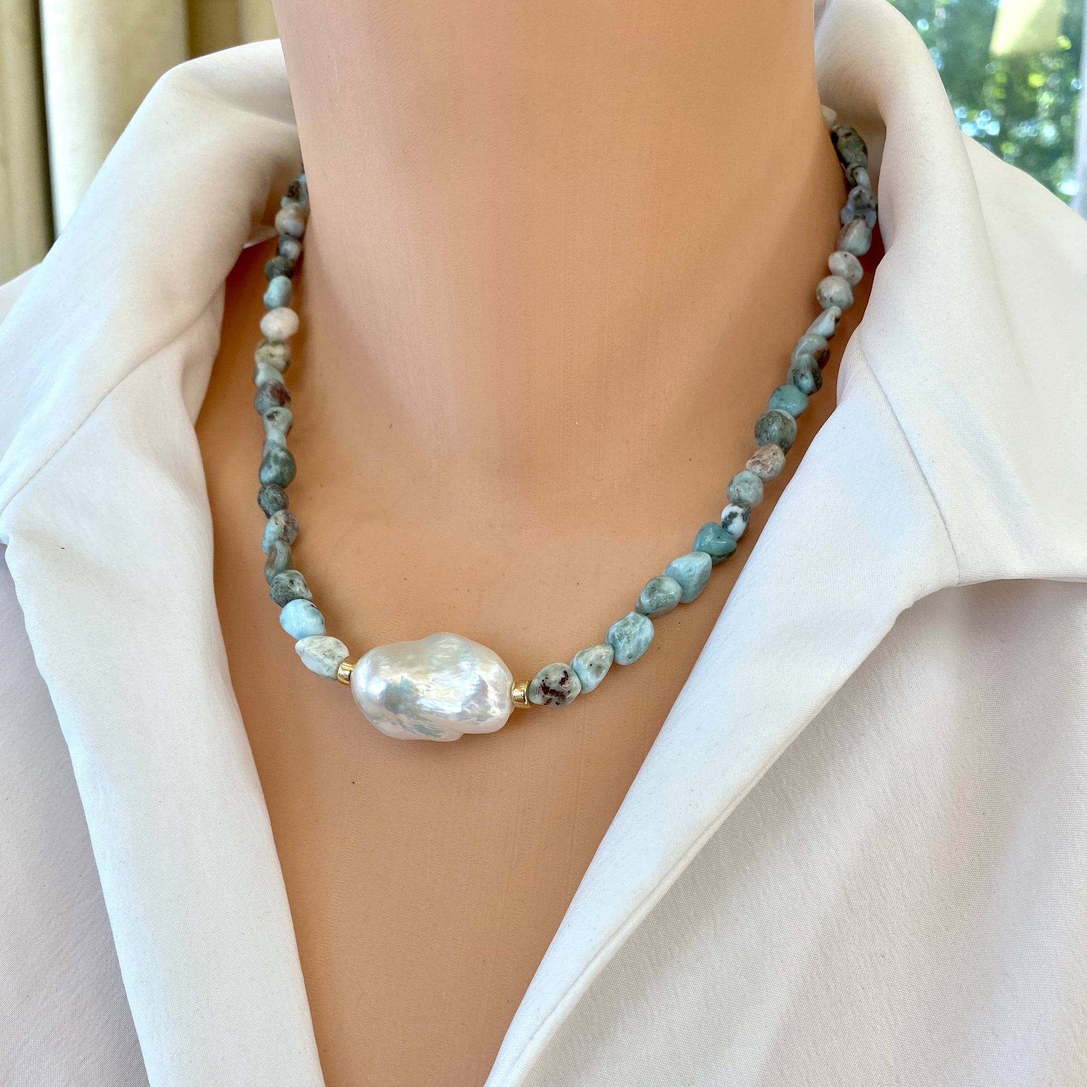 Ocean Blue Larimar and Baroque Pearl Necklace with Gold Filled Beads and Closure,18