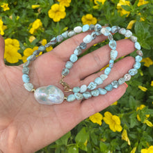 Charger l&#39;image dans la galerie, Ocean Blue Larimar and Baroque Pearl Necklace with Gold Filled Beads and Closure,18&quot;in
