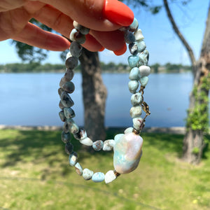 Ocean Blue Larimar and Baroque Pearl Necklace with Gold Filled Beads and Closure,18"in
