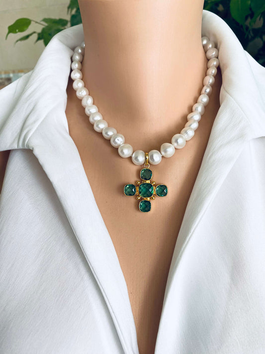 Potato pearl necklace with cross pendant featuring green quartz at the center, perfect for elegant occasions.