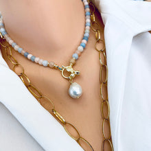 Lade das Bild in den Galerie-Viewer, Morganite &amp; Aquamarine Toggle Necklace w Freshwater Baroque Pearl, Gold Plated, 17&#39; in
