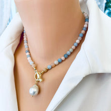 Lade das Bild in den Galerie-Viewer, Morganite &amp; Aquamarine Toggle Necklace w Freshwater Baroque Pearl, Gold Plated, 17&#39; in
