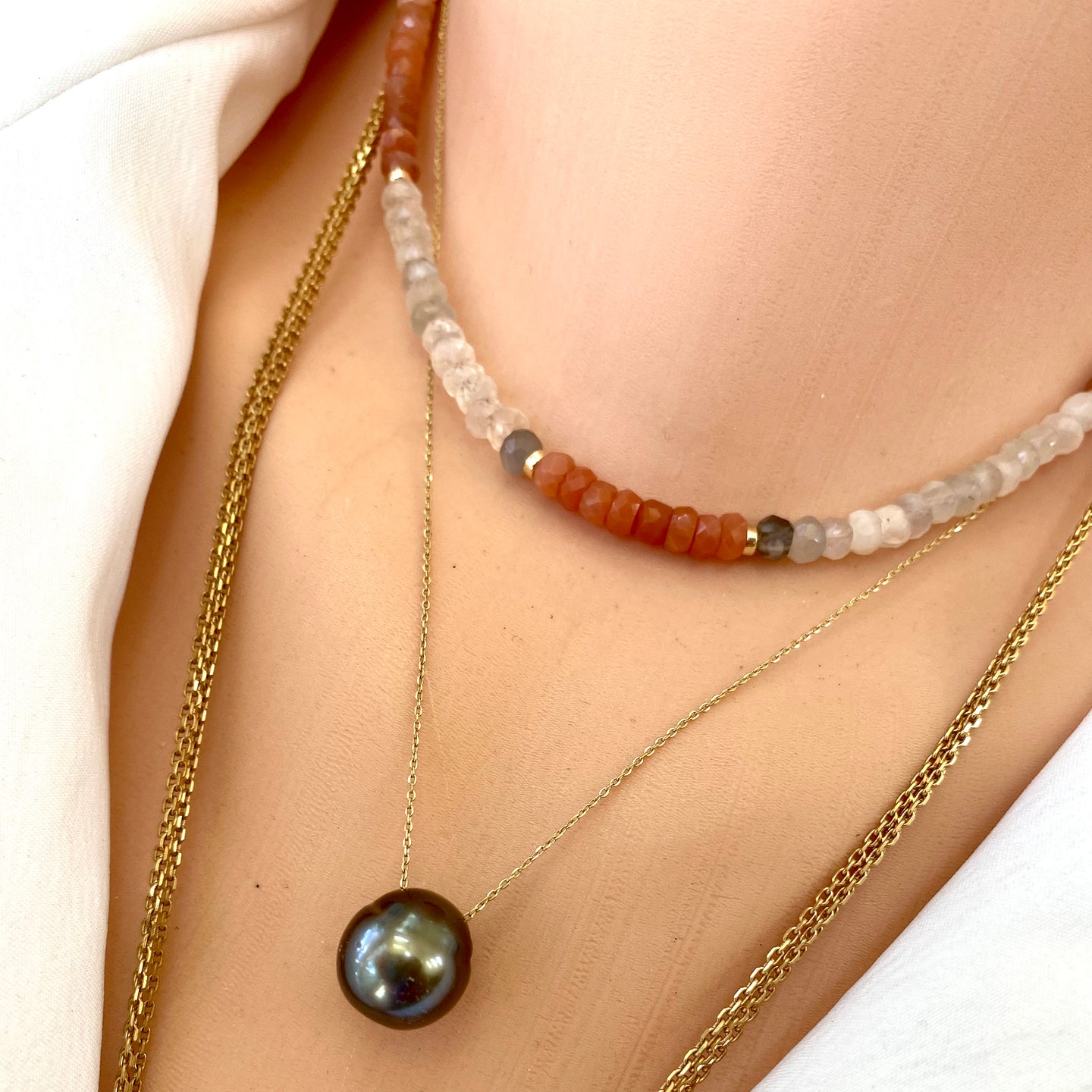 Collier ras du cou en véritable pierre de lune multi-pierres avec fermoir à bascule en or rempli 14 carats, 38 cm, pierre de naissance de juin