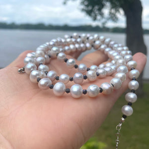 Light Grey Fresh Water Pearls and Spinel Long Necklace,Silver, 41"inches