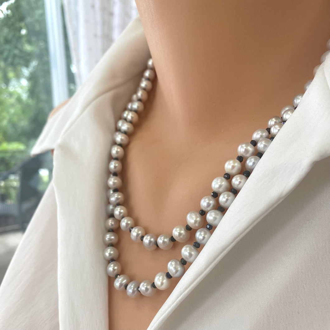 Light Grey Fresh Water Pearls and Spinel Long Necklace,Silver Details, 41