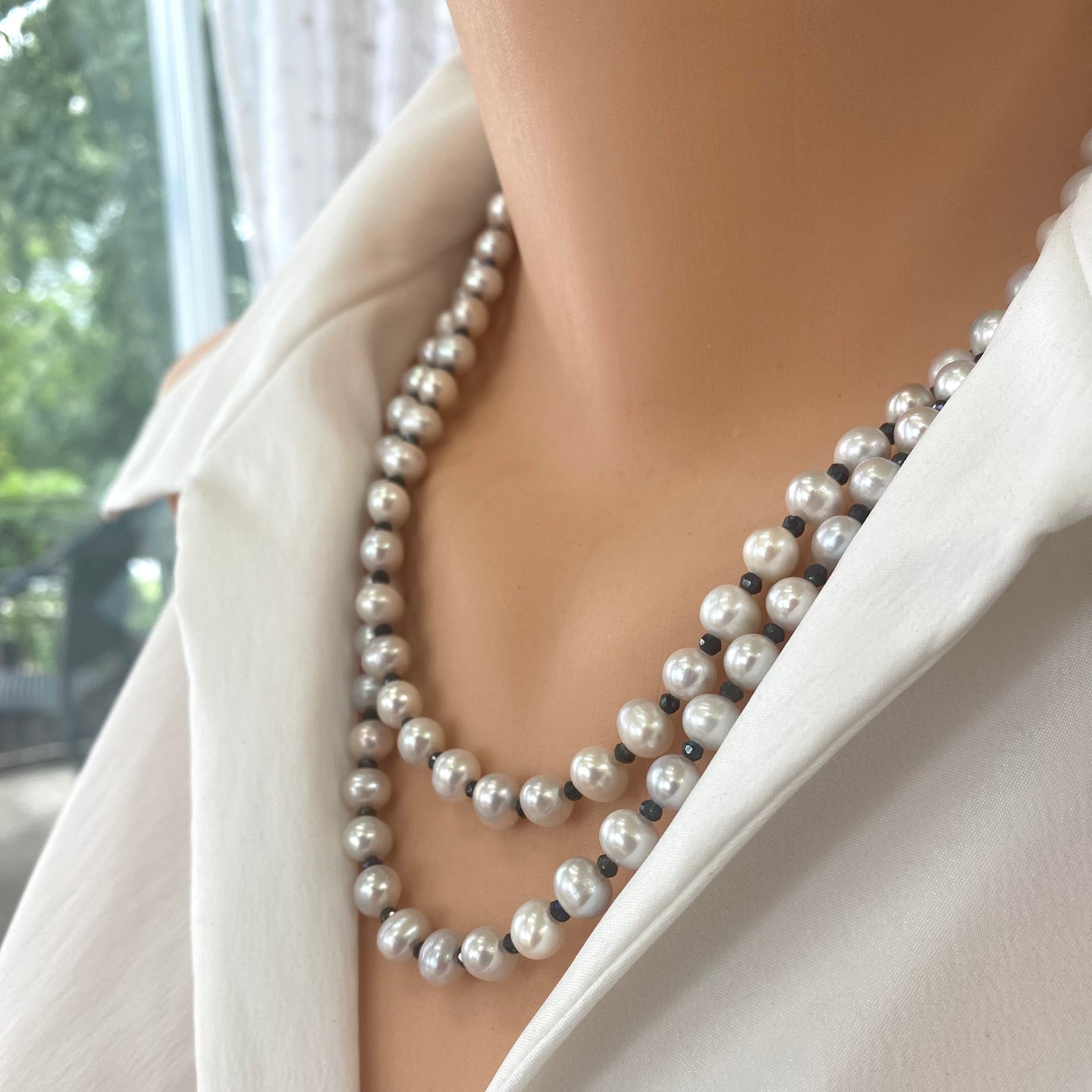 Light Grey Fresh Water Pearls and Spinel Long Necklace,Silver, 41