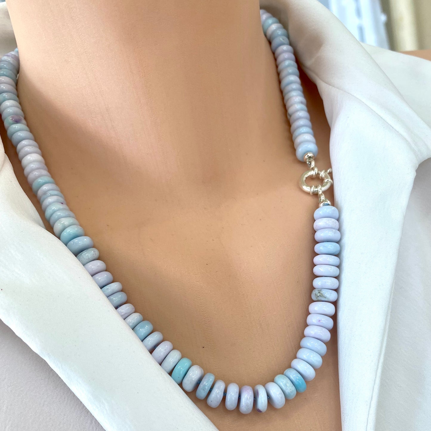 Opal candy necklace featuring pastel pinkish-blue opal rondelle beads for a soft, luminous style.