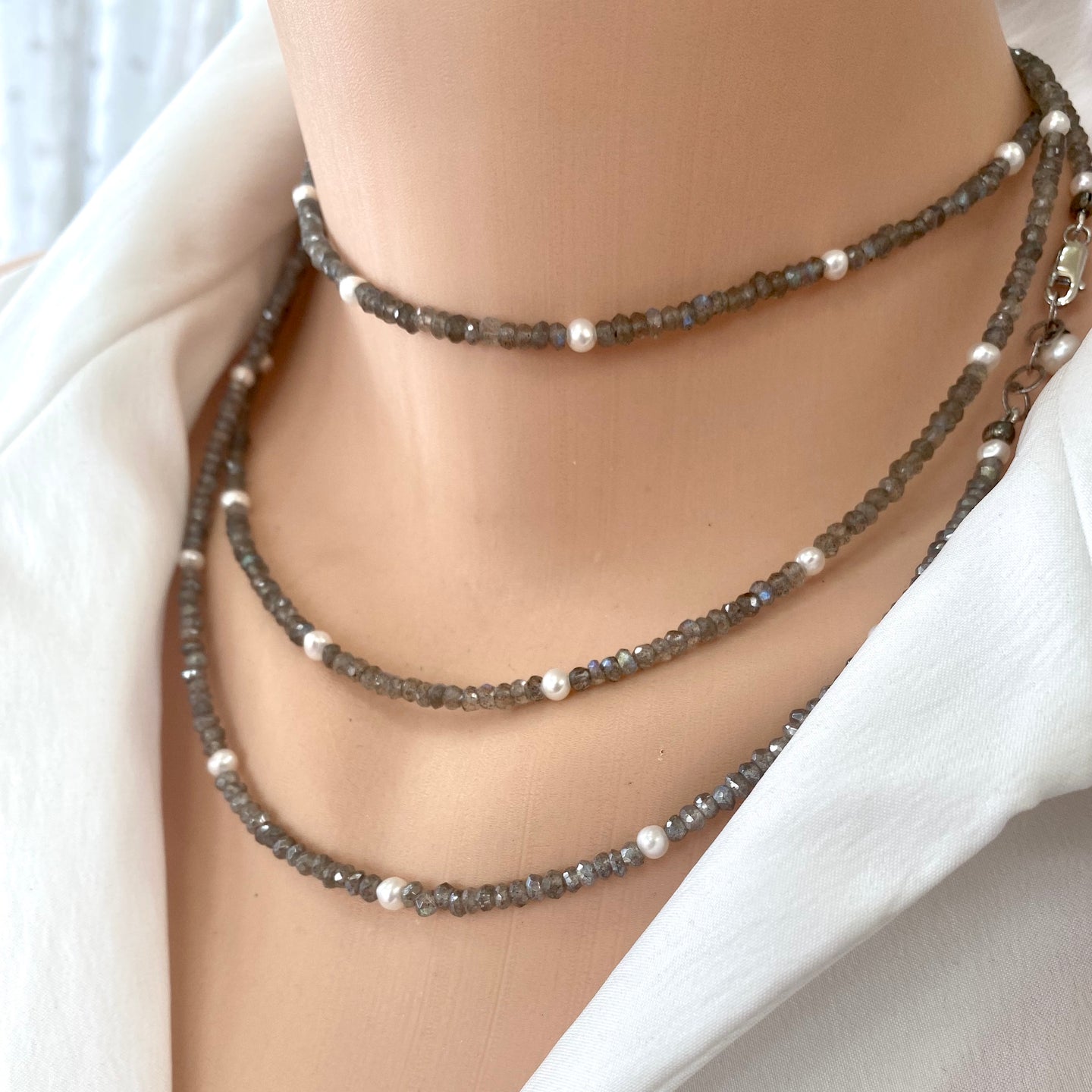 Labradorite and Freshwater Pearl Long Necklace, 50
