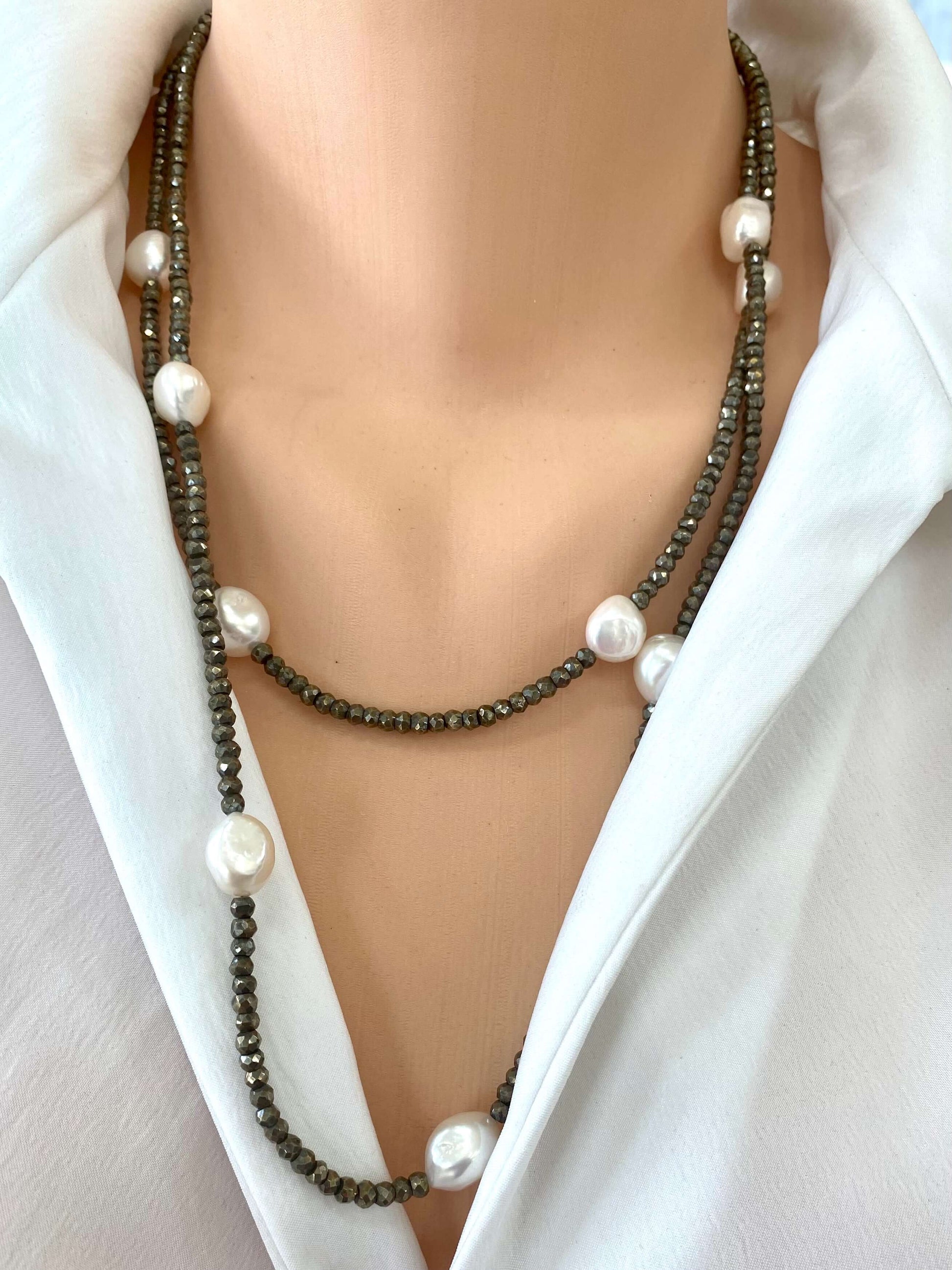 Elegant pyrite pearl long necklace with metallic pyrite beads and freshwater pearls, showcasing handcrafted design for women.