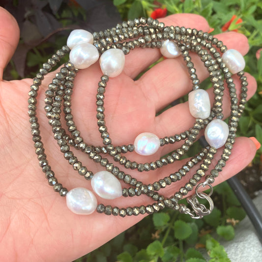 Handcrafted pyrite pearl long necklace showcasing metallic faceted pyrite beads and luminous freshwater pearls.
