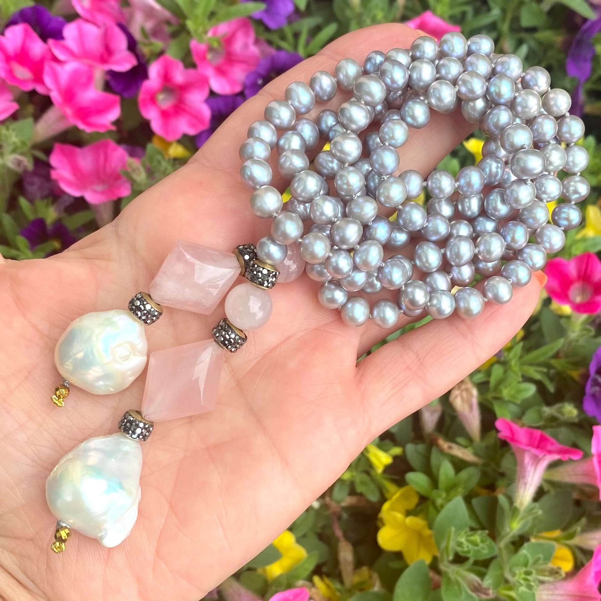 Pastel pearl lariat necklace with blue-gray freshwater pearls and pink rose quartz, handcrafted elegant design.