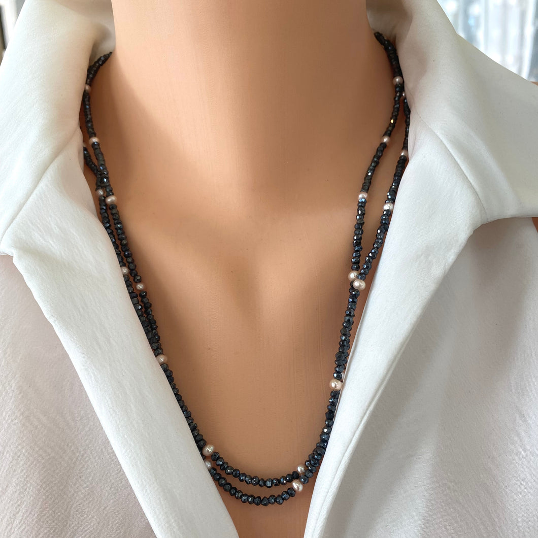 Charcoal Pyrites necklace w Lavender Pink Freshwater Pearls Long Opera Necklace, 46