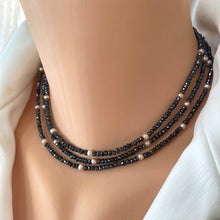 Load image into Gallery viewer, Charcoal Pyrites necklace w Lavender Pink Freshwater Pearls Long Opera Necklace, 46&quot;in

