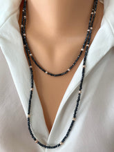 Lade das Bild in den Galerie-Viewer, Charcoal Pyrites necklace w Lavender Pink Freshwater Pearls Long Opera Necklace, 46&quot;in
