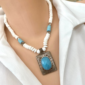 Vintage Turquoise Pendant with Tridacna Shell Beads Necklace, 17.5"inches
