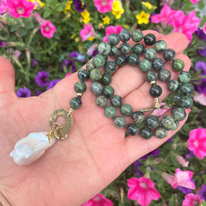 Green Jade and White Baroque Pearl Toggle Necklace, Love Birds Tiny Charm, Gold Filled & Gold Bronze, 18.5"inches