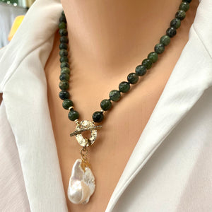 Green Jade and White Baroque Pearl Toggle Necklace, Love Birds Tiny Charm, Gold Filled & Gold Bronze, 18.5"inches