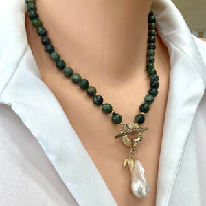 Green Jade and White Baroque Pearl Toggle Necklace, Love Birds Tiny Charm, Gold Filled & Gold Bronze, 18.5"inches