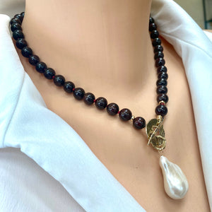 Garnet Toggle Necklace with Baroque Pearl Pendant, Gold Bronze & Gold Filled, January Birthstone, 17.5"in