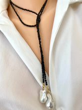 Carica l&#39;immagine nel visualizzatore di Gallery, Single Strand of Black Onyx Beads &amp; Two Baroque Pearl Lariat Wrap Necklace, 46&quot;inches
