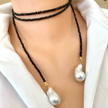Carica l&#39;immagine nel visualizzatore di Gallery, Single Strand of Black Onyx Beads &amp; Two Baroque Pearl Lariat Wrap Necklace, 46&quot;inches
