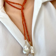 Cargar imagen en el visor de la galería, Single Strand Of Bright Orange Carnelian Rondelle Beads &amp; Two Baroque Pearls Lariat Wrap Necklace, Gold Vermeil, 40&quot;
