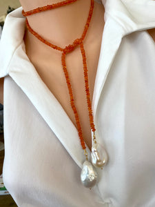 Single Strand Of Bright Orange Carnelian Rondelle Beads & Two Baroque Pearls Lariat Wrap Necklace, Gold Vermeil, 40"