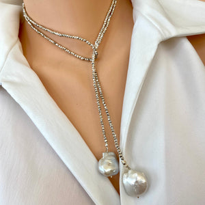 Single Strand of Silver Pyrite and Large Baroque Pearl Lariat Wrap Necklace, 41"inches