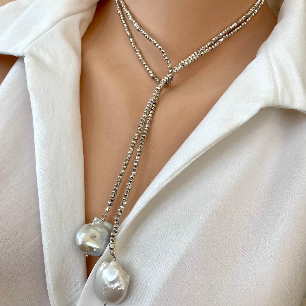 Single Strand of Silver Pyrite and Large Baroque Pearl Lariat Wrap Necklace, 41