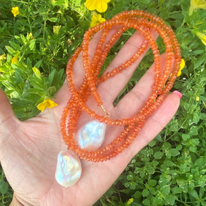 Single Strand Of Bright Orange Carnelian Rondelle Beads & Two Baroque Pearls Lariat Wrap Necklace, Gold Vermeil, 40"