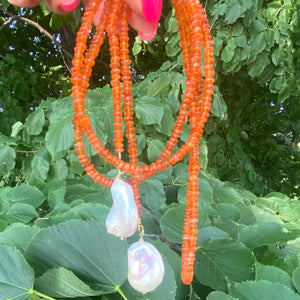 Single Strand Of Bright Orange Carnelian Rondelle Beads & Two Baroque Pearls Lariat Wrap Necklace, Gold Vermeil, 40"