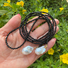 Load image into Gallery viewer, Single Strand of Black Onyx Beads &amp; Two Baroque Pearl Lariat Wrap Necklace, 46&quot;inches
