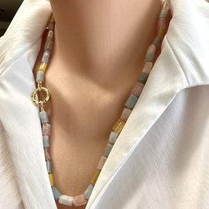 Aquamarine, Morganite Mixed Beryl Necklace, Gold Plated Spring Gate Charm Holder Clasp, 23"inches
