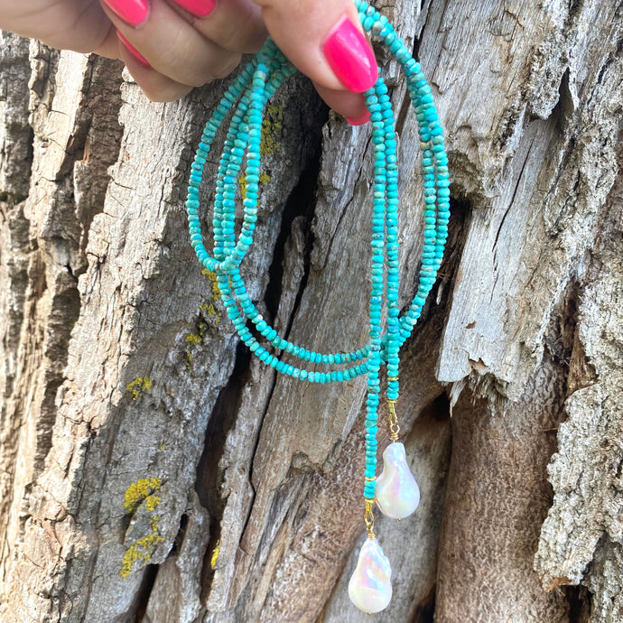 Arizona turquoise long lariat necklace with 2 baroque pearls